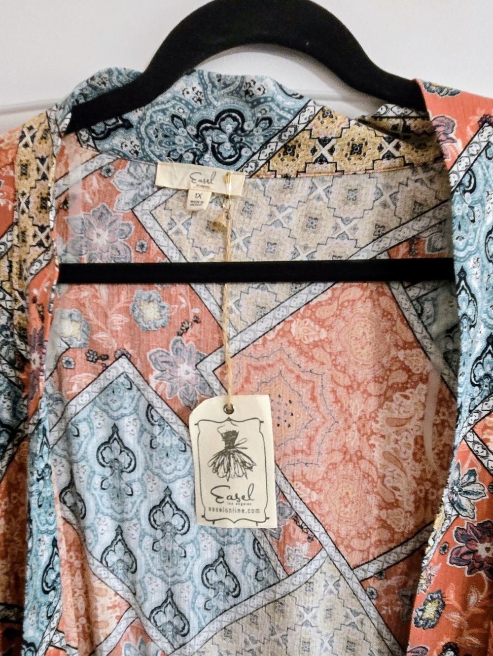 Easel Mixed Boho Print Kimono Rayon Aqua Orange Gorgeous Size 1X - Picture 3 of 5